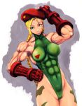  1girl abs ahoge antenna_hair beret blonde_hair blue_eyes braid breasts cameltoe cammy_white camouflage capcom fingerless_gloves gloves hand_on_hip hat huge_ahoge impossible_clothes leotard long_hair muscle scar shopyun skin_tight slender_waist solo street_fighter thong_leotard twin_braids 