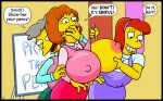  3girls artist_name bart_simpson blush breasts_bigger_than_head bungakawa2000 church erect_nipples helen_lovejoy massive_breasts maude_flanders ms_albright nipples_visible_through_clothing offscreen_character one_breast_out the_simpsons undressing_another yellow_skin 