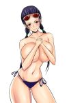 1girl big_breasts bikini_bottom black_eyes blush covered_nipples covering_breasts female_only hand_on_breast huge_breasts lipstick long_hair massive_breasts miyabi_(pixiv) nico_robin no_panties one_piece pale-skinned_female pale_skin panties pink_lips pink_lipstick pixiv_id_17895778 pose posing purple_hair purple_panties solo_female solo_focus standing sunglasses sunglasses_on_head sunglasses_removed thighs tied_hair topless topless_female twin_tails white_background