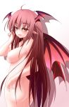  1girl ass bare_shoulders bat_wings blush breasts demon_girl demon_wings female head_wings koakuma large_breasts long_hair looking_at_viewer naughty_face nipples nude pointy_ears red_eyes red_hair shiina_shian simple_background solo the_embodiment_of_scarlet_devil touhou very_long_hair wings yellow_eyes 
