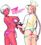 2girls apron armlet ass blonde_hair blue_eyes braid butt_crack cammy_white capcom chef_hat cooking earrings elena_(street_fighter) hat inugami_mokekiyo jewelry lingerie long_hair looking_back multiple_girls neck_ring necklace panties scar shirt short_hair side-tie_panties street_fighter street_fighter_iii toque_blanche twin_braids underwear white_hair
