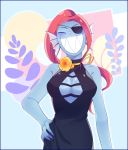 1girl anthro anthro_only black_dress blue_body blue_skin cleavage dress female female_only fish fish_girl furry furry_only grin monster monster_girl red_hair sfw smile smiling solo solo_female undertale undertale_(series) undyne video_games