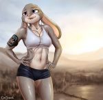  1girl 2016 anthro belly bra breasts cellphone clothing disney furry hands_on_hips headphones judy_hopps lagomorph mammal midriff navel nuzzo open_mouth outside phone portable_music_player purple_eyes rabbit shorts small_breasts smile sports_bra sweat underwear zootopia 