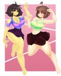 2010s 2017 2_girls 2d 5_fingers aged_up ahoge ayloulou bare_legs bare_shoulders barefoot breasts brown_eyes brown_hair chara chara_(undertale) clothed clothed_female clothing curvaceous curvy digital_media_(artwork) duo female_chara female_frisk female_human female_only flower_necklace frisk frisk_(undertale) hourglass_figure human human_only light-skinned_female light_skin midriff necklace red_eyes short_hair short_skirt skirt smiling striped_clothing thighs transparent_background undertale undertale_(series) v v_sign video_game_character video_games