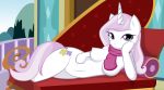 1girl anthro anthrofied big_breasts breasts couch cutie_mark equine female female_anthro female_only fleur_de_lis fleur_de_lis_(mlp) friendship_is_magic horn indoors looking_at_viewer lying my_little_pony nude pinup pony pose purple_eyes scarf tail unicorn whitmaverick