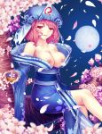  1girl absurd_res absurdres bare_legs bare_shoulders big_breasts breasts cherry_blossoms cup female hat high_res highres in_tree japanese_clothes kimono large_breasts legs nipples no_bra obi off_shoulder petals pink_eyes pink_hair saigyouji_yuyuko sash short_hair sitting sitting_in_tree solo touhou tree triangular_headpiece xiaoai yuyuko_saigyouji 