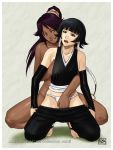  2_girls 2girls azasuke_wind bare_shoulders black_eyes black_hair bleach braid breast_grab breasts clothed_female_nude_female crotch_grab dark-skinned_female dark_skin detached_sleeves eyebrows female/female female_only fingering fully_clothed fundoshi grabbing groping hand_under_clothes hand_under_shirt interracial japanese_clothes long_hair medium_breasts multiple_girls nude panties pants_pull playing ponytail purple_hair pussy shadow shihouin_yoruichi shirt short_hair small_breasts smile squatting sui-feng toes touching twin_braids twin_tails yellow_eyes yoruichi_shihouin yuri 
