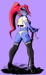 anthro anthro_only black_thighhighs eye_patch eyepatch female female_anthro female_only fish furry grin katana latchk3y monster monster_girl ponytail purple_background red_eyes red_hair sharp_teeth simple_background solid_color_background solo solo_female sword thighhighs undertale undertale_(series) undyne video_games weapon yellow_sclera