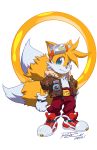 1boy 2012 animal_ears belt blonde_hair blue_eyes character_name clenched_hand dated furry gloves goggles goggles_on_head jacket jewelry looking_at_viewer male male_focus miles_&quot;tails&quot;_prower multiple_tails parody rat_rage ring robert_porter sega signature smile solo sonic sonic_(series) standing style_parody tail