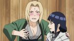  2_girls 2girls animated animated_gif blonde_hair blue_hair blush breasts brown_eyes cap cleavage female female_only forehead_jewel gif grabbing_own_breast hinata_hyuuga large_breasts lipstick long_hair multiple_girls naruto naruto_shippuden non-nude tsunade white_eyes 