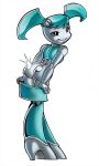 ass black_eyes blue_hair boots jenny_wakeman looking_back mooning my_life_as_a_teenage_robot no_panties robot shiny shiny_skin skirt_down smile solo twin_tails xj-9 