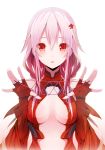  1girl bare_shoulders blush breasts bust cat's_cradle center_opening cleavage colored_eyelashes elbow_gloves face fingerless_gloves fingernails gloves guilty_crown hair_ornament hairclip hands high_res highres long_hair looking_at_viewer open_\m/ pink_hair red_eyes rokumu_hitomu rokunashi_hitonashi solo twintails upper_body yuzuriha_inori 