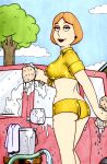  1girl ass big_breasts blue_sky breasts car car_wash earrings erect_nipples family_guy legs lois_griffin looking_at_viewer looking_back mascara midriff milf outdoors parted_lips red_hair rplatt short_hair short_shorts shorts sideboob smile soap 