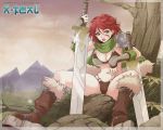  big_breasts bikini boots breasts cleavage crimeglass fingerless_gloves green_eyes large_breasts looking_at_viewer midriff mountain mountains navel red_hair rock rocks short_hair sitting spread_legs sword tree tyra_(xteal) weapon x-teal2 xteal_(artist) 