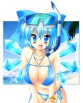  1girl adult big_breasts bikini blue_eyes blue_hair bow bracelet breasts cirno cleavage diving_mask fairy_wars goggles goggles_on_head hair_bow jewelry kamiya_tomoe large_breasts leaning_forward necklace older open_mouth ribbon side-tie_bikini skindentation snorkel solo string_bikini swimsuit touhou wings yousei_daisensou 