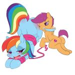  1girl 2016 adultery blue_feathers duo equine feathered_wings feathers feral friendship_is_magic high_res mammal my_little_pony orange_feathers pegasus rainbow_dash saurian_(artist) scootaloo_(mlp) white_background wings 