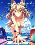  1girl all_fours animal_ears bag barefoot beach big_breasts bikini blonde_hair blush bottle bracelet breasts cleavage extra_ears foreshortening fox_ears fox_tail front-tie_top glycyrrhizae green_eyes hanging_breasts jewelry large_breasts lighter long_hair looking_at_viewer lotion original perspective side-tie_bikini soda_can solo striped striped_bikini striped_swimsuit sunscreen suntan_lotion swimsuit tail wet 