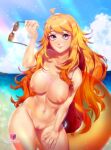 1girl big_breasts blonde_hair breasts eyewear_removed female_only female_solo long_hair nipples pinkcube purple_eyes rooster_teeth rwby solo_focus sunglasses_removed yang_xiao_long