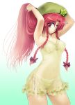  1girl armpits braid breasts female frills green_panties hat hips hong_meiling lingerie long_hair midriff mocchi navel negligee panties red_eyes red_hair redhead see-through solo the_embodiment_of_scarlet_devil thighs touhou twin_braids underwear yellow_panties 