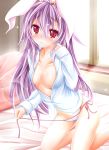  1girl :&lt; absurd_res absurdres animal_ears bare_legs bed blush breasts bunny_ears buttons dress_shirt female high_res highres kneel kneeling long_hair looking_at_viewer no_bra no_pants open_clothes open_shirt panties red_eyes reisen_udongein_inaba shirt side-tie_panties solo string_panties sutoreruka touhou underwear untied untying 