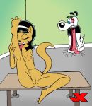  anthro ass black_hair blue_eyes breasts cat closed_eyes dog dudley_puppy erect_nipples furry hair hairband jk jk_(artist) kitty_katswell lick long_hair nipples nude pussy small_breasts smile spread_legs surprise t.u.f.f._puppy tongue 