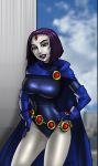 1girl big_breasts breasts clothed clothed_female clothes clothing dc_comics dcau female female_only lipstick non-nude pale_skin purple_eyes purple_hair purple_lipstick raven_(dc) solo teen_titans wilko