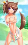  1girl animal_ears bandage bandages blue_eyes breast_hold breasts brown_hair covering dog_ears fang high_res highres kanna211 kantarou_(nurumayutei) looking_at_viewer naked_bandage navel nude original shiny shiny_skin short_hair solo tail two_side_up wolf_ears wolf_tail 
