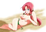 1girl bikini blue_eyes blush braid breasts covering covering_breasts female highres hong_meiling long_hair noein_(artist) red_hair side-tie_bikini solo swimsuit the_embodiment_of_scarlet_devil topless touhou twin_braids umeboshi_(lazy_lazy)
