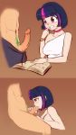 1boy 1girl book choker dress fellatio female_human friendship_is_magic humanized male/female male_human my_little_pony oral partially_clothed penis_in_mouth scorpdk short_hair sitting spike_(mlp) twilight_sparkle twilight_sparkle_(mlp) 