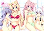  4girls :d :o animal_ears arm_support bare_shoulders big_breasts bikini blonde_hair blue_eyes blush breasts chestnut_mouth cleavage collarbone fang fox_ears fox_tail front-tie_top hair_ribbon hand_holding high_res highres holding_hands hug hugging large_breasts lavender_hair long_hair looking_at_viewer multiple_girls navel o-ring_bikini o-ring_bottom o-ring_top open_mouth original pink_eyes purple_eyes ribbon side-tie_bikini sitting sling_bikini smile swimsuit tail tateha tateha_(artist) tateha_(marvelous_grace) white_hair 