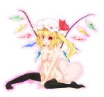  1girl bare_shoulders black_legwear blonde_hair blush breasts female flandre_scarlet groin hat heart heart_pillow high_res highres mound_of_venus naked_thighhighs nipples nude pillow red_eyes shinya_(soramame) short_hair sitting solo stockings the_embodiment_of_scarlet_devil thighhighs touhou wings 