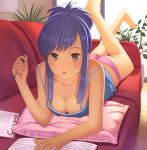  1girl :o barefoot blue_hair book breasts brown_eyes camisole cleavage couch down_blouse downblouse erect_nipples face foreshortening hands legs legs_up lying on_stomach original panties pen pillow red_upholstery solo strap_slip sweat underwear writing yamamoto_shima 