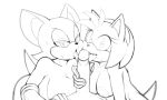  2_girls 2girls amy_rose big_breasts breasts double_fellatio erection fellatio female_focus gloves handjob jammiez licking_penis looking_at_viewer male/female monochrome nude penis_lick pov rouge_the_bat sega side_by_side sonic_the_hedgehog_(series) teamwork 