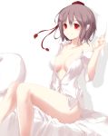  1girl aya_shameimaru bare_shoulders bed big_breasts black_hair bottomless breasts breasts_apart brown_hair collarbone dress_shirt fal_maro female hat high_res highres large_breasts looking_at_viewer naked_shirt no_bra no_pants off_shoulder open_clothes open_shirt pointy_ears red_eyes shameimaru_aya shirt smile solo tokin_hat touhou 