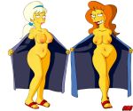  2_girls 2girls areola big_breasts breasts brown_hair gkg hips lipstick lurleen_lumpkin mindy_simmons naked_robe nipples nude open_clothes open_robe ponytail pubic_hair pussy revealing_clothes sandals smile standing the_simpsons thighs white_hair yellow_skin 