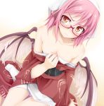  1girl alternate_costume animal_ears areola_slip areolae bare_legs bare_shoulders bespectacled blush breasts cleavage collarbone face female from_above frown glasses head_scarf ichiju japanese_clothes kimono looking_up mystia_lorelei off_shoulder ogami_kazuki okamisty pink_hair red-framed_glasses red_eyes short_hair solo tabi touhou undressing wings 