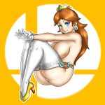  1girl areola arms_out ass blue_eyes blush breasts brown_hair crown earrings female female_only full_body garter_belt gloves high_heels large_breasts legs legs_together light_smile long_hair looking_at_viewer mostly_nude panties princess_daisy smile solo stockings super_mario_bros. thighs white_gloves white_legwear white_panties yellow_high_heels 