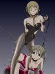  2girls all_fours bare_shoulders bdsm blonde_hair bondage boots bound braid breasts brown_eyes cleavage collar dominatrix elbow_gloves empty_eyes femdom front_braid gloves hair high_heels leash legs long_hair maka_albarn medusa_gorgon multiple_girls open_mouth pantyhose shoes slave soul_eater twin_tails twintails winbay01 yuri 