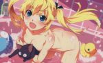  1girl :d :o animal ass back ball bangs bathing bathroom bathtub beachball bent_over black_cat_(animal) blonde_hair blue_eyes blush body_blush bottle breast_press breasts bubble carrying cat cleavage crossed_arms fang floral_print foam from_side grisaia_(series) grisaia_no_kajitsu groin hair_ribbon happy looking_at_viewer matsushima_michiru nude nyanmel official_art open_mouth ribbon rubber_duck scared smile soap_bubbles tile_wall tiles toy twin_tails wading watanabe_akio water 