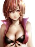  1girl bad_id bare_shoulders bra breasts brown_eyes brown_hair cleavage lingerie lma meiko short_hair simple_background solo underwear undressing vocaloid white_background 