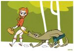 angry anthro ass big_bad_wolf brown_fur coppertone embarrassing freckles full_body furry little_red_riding_hood little_red_riding_hood_(copyright) looking_back orange_hair ponytail shoes