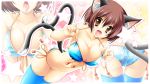  1girl animal_ears ass bikini blue_legwear blue_thighhighs breasts brown_eyes brown_hair cameltoe cat_ears cat_tail chen cleavage earrings female front-tie_top high_res highres jewelry kamiya_tomoe large_breasts lingerie multiple_tails nekomata o-ring_top older open_mouth short_hair side-tie_bikini skindentation star stockings swimsuit tail thigh-highs thighhighs touhou underwear zoom_layer 