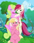 ass blonde_mane breasts cutie_mark daisy_(mlp) equid equine female female_only flower flower_in_hair friendship_is_magic grass group hasbro horse hugging lily_(mlp) looking_at_viewer my_little_pony nipples nude pink_fur plant pony pussy rose_(mlp) roseluck tree whitmaverick wood yellow_eyes yuri