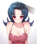  1girl akira_(natsumemo) bangs bare_shoulders big_breasts black_hair blue_hair breasts bust camisole cleavage collarbone flipped_hair forehead gym_leader large_breasts looking_at_viewer natsume_(pokemon) natsume_(pokemon)_(hgss) petting pokemon pokemon_(game) pokemon_gsc pokemon_hgss pov pov_eye_contact red_eyes solo solo_focus tears upper_body 