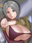  1girl areola armor blue_eyes breast_hold breasts cleavage earrings elbow_gloves gloves hitoya_hayai huge_breasts isabella_valentine jewelry lipstick makeup nipples short_hair silver_hair soul_calibur soulcalibur_iv veins veiny_breasts 