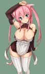  1girl animal_ears apron areola areola_slip arm_up bare_shoulders blue_eyes blush breasts cat_ears cleavage cleavage_cutout cosplay detached_sleeves dream_c_club fang head_tilt huge_breasts long_hair pink_hair rui_(dream_c_club) simple_background thighhighs twin_tails waitress white_legwear 