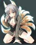 1girl animal_ears bottomless breasts character_request cleavage edytha_rossmann fox_ears fox_tail hi-ho- multiple_tails naughty_face no_bra no_pants open_clothes open_shirt panties saliva shirt silver_hair solo squatting strike_witches tail tongue underwear 