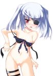  1girl bare_shoulders bikini_pull bikini_top blush bottomless breasts eyepatch flat_chest high_res highres holster infinite_stratos laura_bodewig long_hair nipples open_mouth pulled_by_self pussy red_eyes safi silver_hair small_breasts solo strap_slip thigh_holster thigh_strap uncensored 