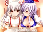  2girls annoyed blush body_blush bow breast_rest breasts cleavage collarbone down_blouse downblouse erect_nipples female fujiwara_no_mokou hair hair_bow hat headgear high_res highres kamishirasawa_keine keine_kamishirasawa large_breasts long_hair multiple_girls no_bra orange_eyes parted_lips pencil red_eyes shiny shiny_skin silver_hair suspenders touhou writing yoshimo 