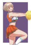  1girl ahoge ass big_breasts blonde_hair cheerleader cheerleader_outfit double_bun female_only kanta_(kanta_077) messy_hair my_hero_academia pom_poms short_hair skirt smile solo solo_female standing standing_on_one_leg toga_himiko yellow_eyes 